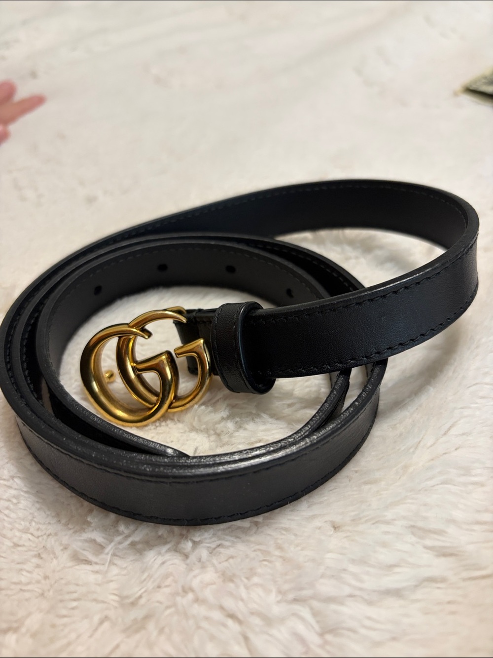 Black Leather Belt with Double G Gold Buckle